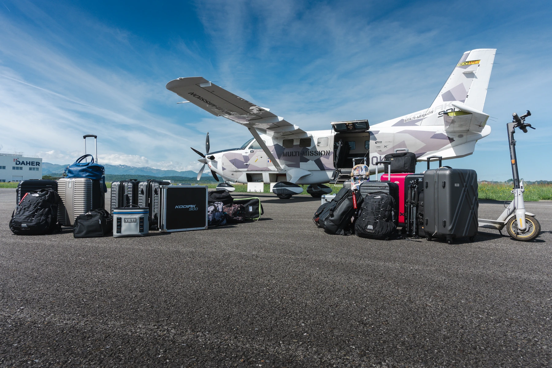 The Kodiak 900 Multi-Mission aircraft is shown with a representative payload of baggage and equipment at Daher’s Tarbes, France industrial facility, where it is based during the aircraft’s European demonstration tour.